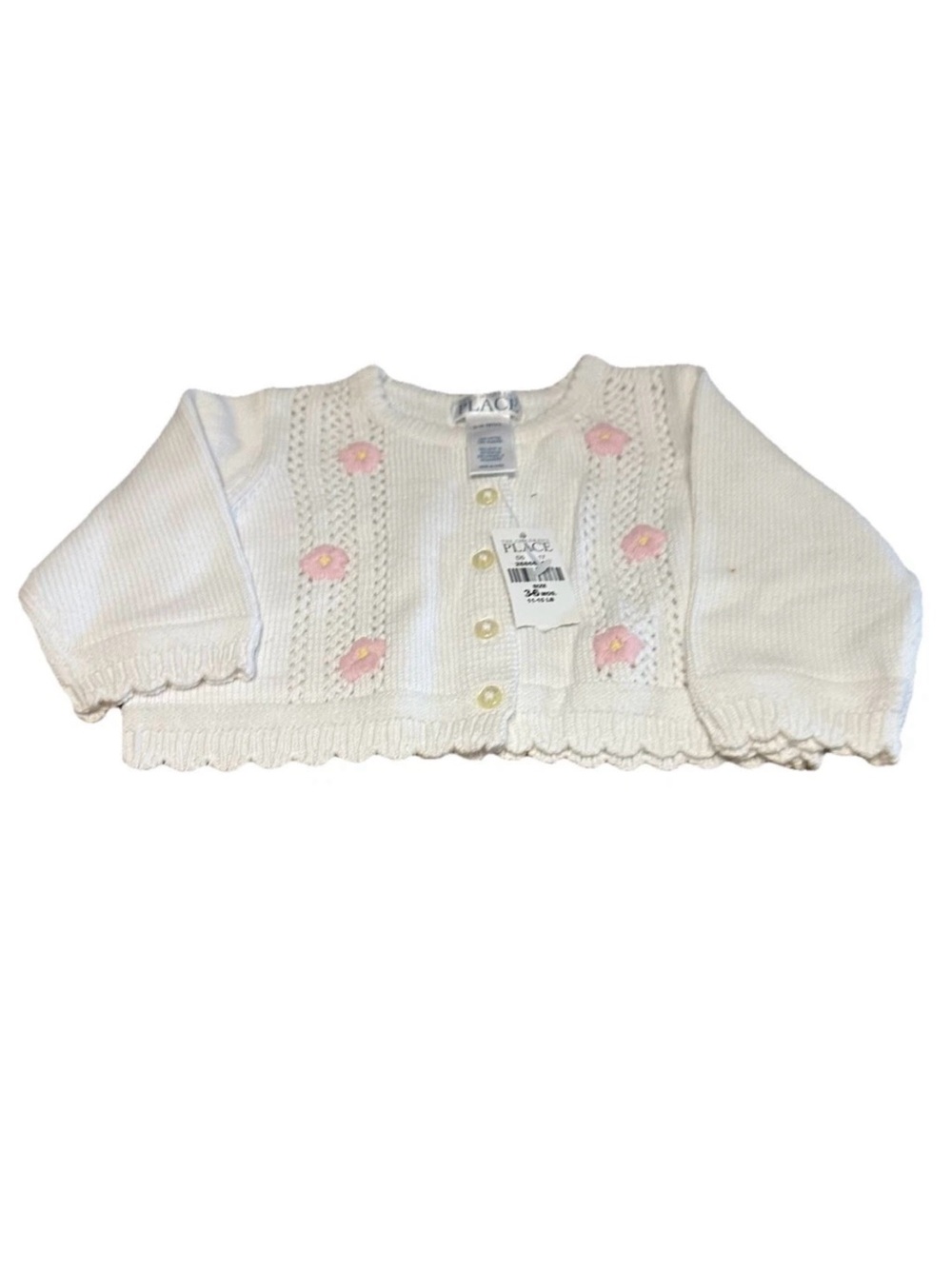 NWT The Children’s Place Baby Girls 3-6M White Knit Cardigan Pink Flowers Cotton